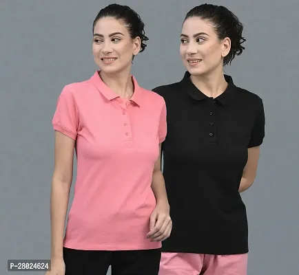 Elegant Cotton Solid Polo Neck T-Shirts For Women- Pack Of 2-thumb0