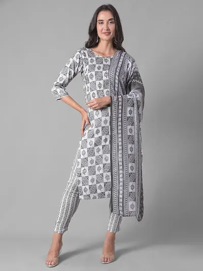 Stylish Cotton Blend Self Pattern Kurta Bottom Dupatta Set