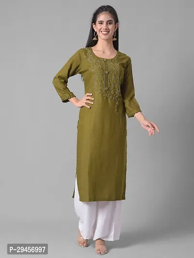 Stylish Olive Rayon Self Pattern Stitched Kurta For Women