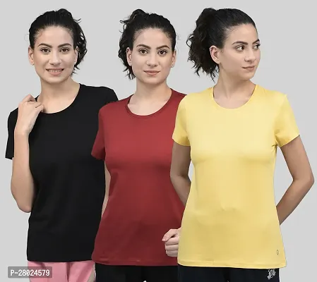 Elegant Cotton Blend Solid Round Neck T-Shirts For Women- Pack Of 3