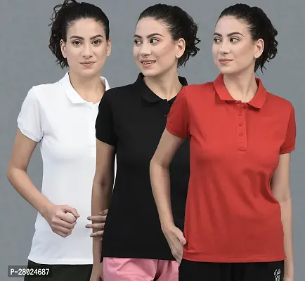 Elegant Cotton Solid Polo Neck T-Shirts For Women- Pack Of 3