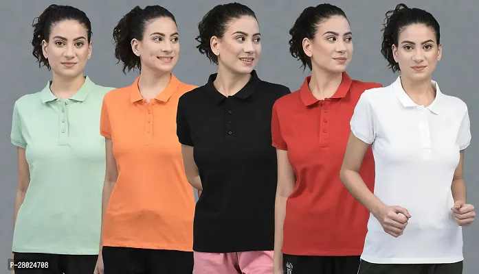 Elegant Cotton Solid Polo Neck T-Shirts For Women-Pack Of 5