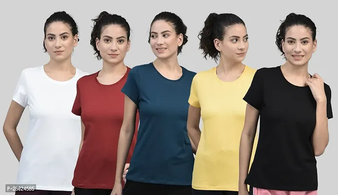 Elegant Cotton Blend Solid Round Neck T-Shirts For Women-Pack Of 5