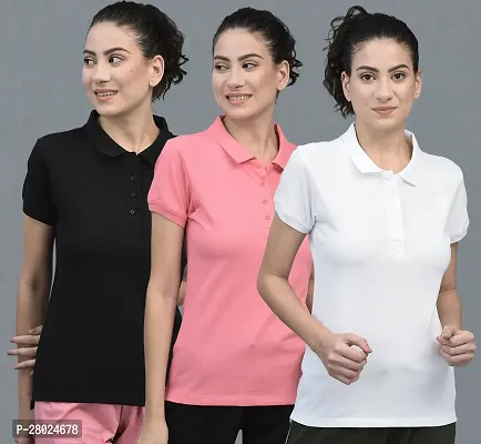 Elegant Cotton Solid Polo Neck T-Shirts For Women- Pack Of 3