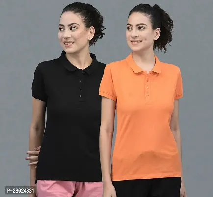 Elegant Cotton Solid Polo Neck T-Shirts For Women- Pack Of 2