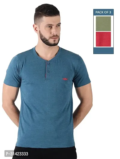 Reliable Multicoloured Cotton Solid Henley Tshirt For Men Pack Of 3