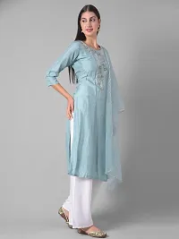 Beautiful A-Line Blue Self Pattern Cotton Blend Kurta Dupatta Set For Women-thumb1