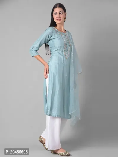 Beautiful A-Line Blue Self Pattern Cotton Blend Kurta Dupatta Set For Women-thumb2