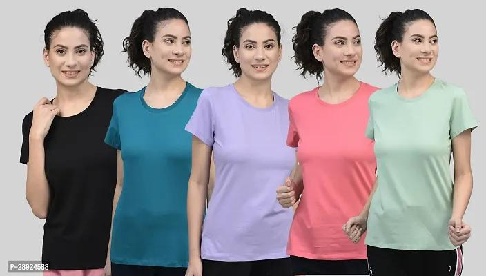 Elegant Cotton Blend Solid Round Neck T-Shirts For Women-Pack Of 5