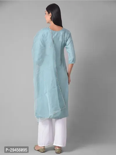 Beautiful A-Line Blue Self Pattern Cotton Blend Kurta Dupatta Set For Women-thumb3