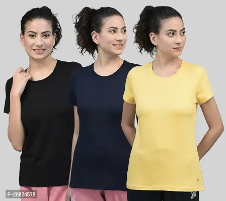 Elegant Cotton Blend Solid Round Neck T-Shirts For Women- Pack Of 3-thumb0