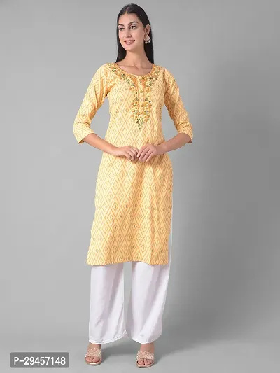 Stylish Yellow Cotton Blend Self Pattern Stitched Kurta For Women-thumb0