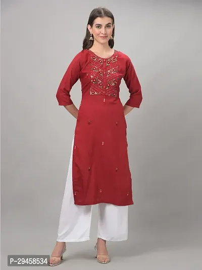 Stylish Red Rayon Self Pattern Stitched Kurta For Women