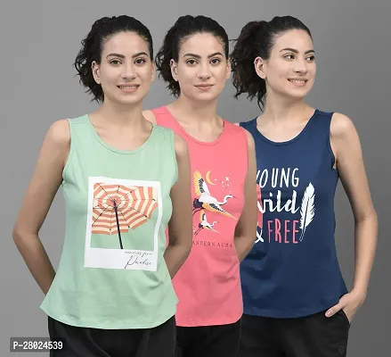 Elegant Cotton Printed Tank Top For Women- Pack Of 3