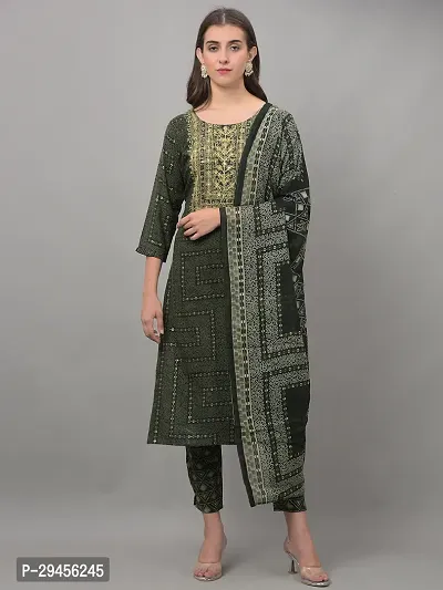 Beautiful A-Line Green Self Pattern Cotton Blend Kurta Bottom Dupatta Sets For Women