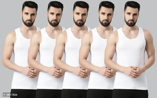 Elegant White Cotton Solid Vests For Men- Pack Of 5