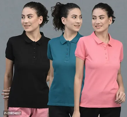 Elegant Cotton Solid Polo Neck T-Shirts For Women- Pack Of 3