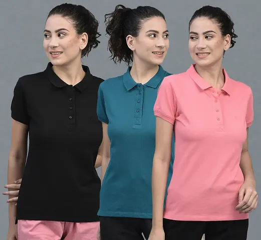 Elegant Solid Polo Neck T-Shirts For Women- Pack Of 3