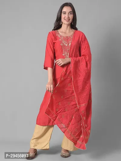 Beautiful A-Line Red Self Pattern Cotton Blend Kurta Dupatta Set For Women-thumb0