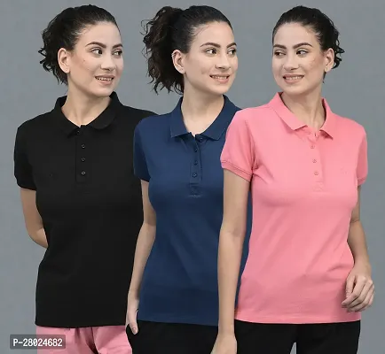 Elegant Cotton Solid Polo Neck T-Shirts For Women- Pack Of 3