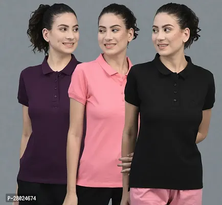 Elegant Cotton Solid Polo Neck T-Shirts For Women- Pack Of 3-thumb0