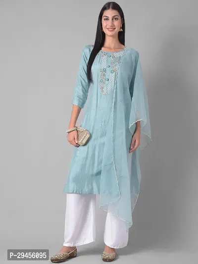 Beautiful A-Line Blue Self Pattern Cotton Blend Kurta Dupatta Set For Women-thumb0