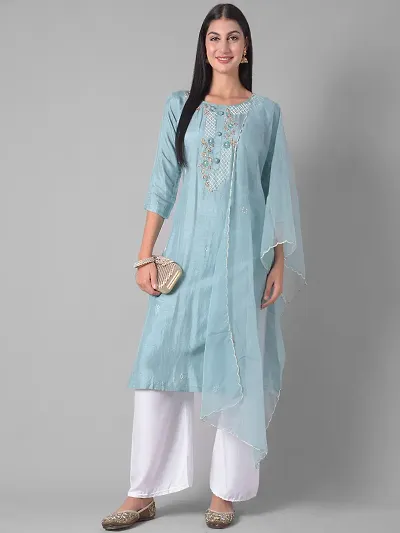 Beautiful A-Line Self Pattern Blend Kurta Dupatta Set For Women