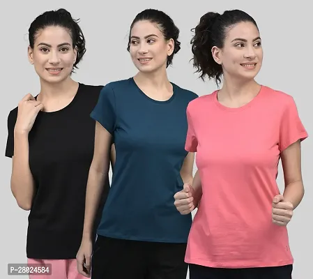 Elegant Cotton Blend Solid Round Neck T-Shirts For Women- Pack Of 3