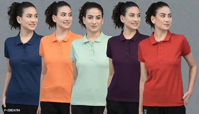 Elegant Cotton Solid Polo Neck T-Shirts For Women-Pack Of 5