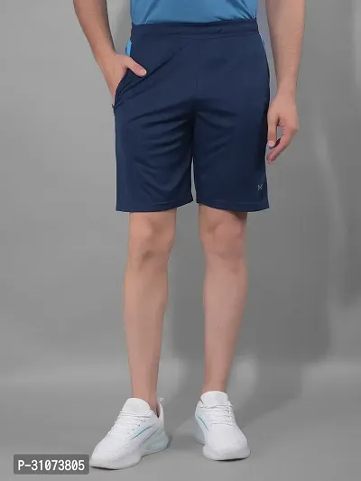 Stylish Navy Blue Polyester Solid Sports Shorts For Men