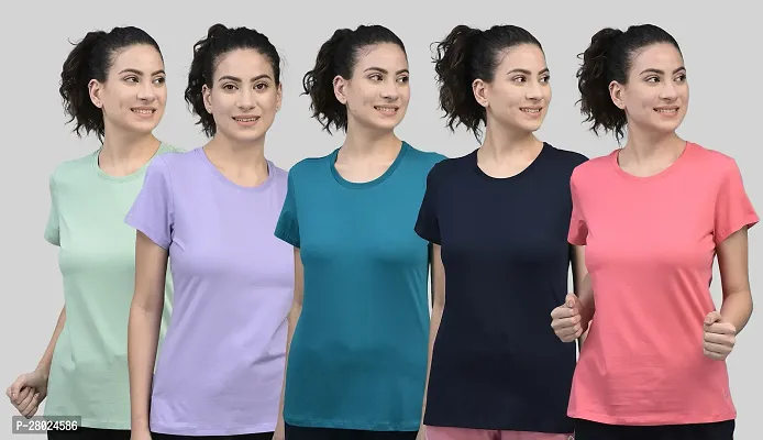 Elegant Cotton Blend Solid Round Neck T-Shirts For Women-Pack Of 5