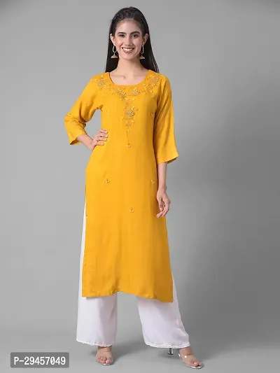 Stylish Yellow Cotton Blend Self Pattern Stitched Kurta For Women