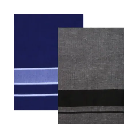 Multicolor Lungis (Mundus) Dhotis for Men Blue and Dark Grey (Free Size Assorted Veshti (Kaili) Pack of 2