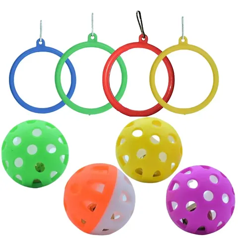 Colorful Bird Toy Set Hanging Swings Toys Cage Accessories for Love Birds, Budgies, Finches. (Multi Color Bell Ball 4 Pieces, Round Swing 4 pieces)