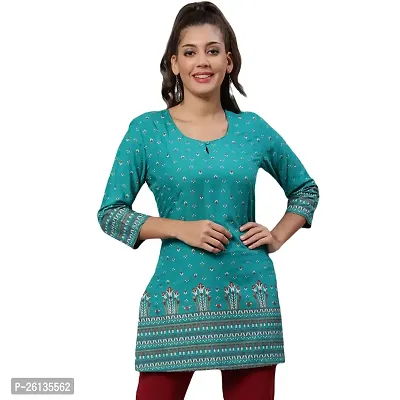 Akimia Women Ethnic Bordered Printed Rayon Kurti (Small) Teal