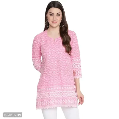 Akimia Pink  White Ethnic Motifs Embroidered Chikankari Pure Cotton Kurti (Small)-thumb0