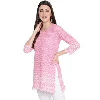 Akimia Pink  White Ethnic Motifs Embroidered Chikankari Pure Cotton Kurti (Small)-thumb2