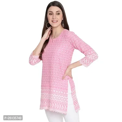 Akimia Pink  White Ethnic Motifs Embroidered Chikankari Pure Cotton Kurti (Small)-thumb3