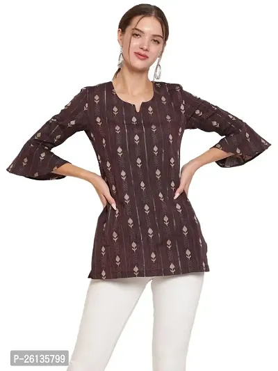 Akimia Women Coffee Brown  Gold-Toned Thread Work Pure Cotton Thread Work Kurti-thumb0