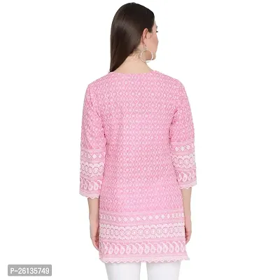 Akimia Pink  White Ethnic Motifs Embroidered Chikankari Pure Cotton Kurti (Small)-thumb2