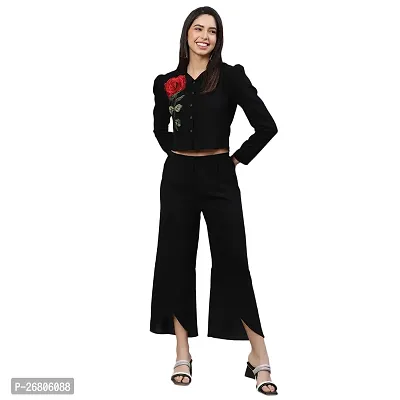 Akimia Women Solid Black Rose Patched Shirt Style top with Slit Trouser Cotton co-ord Set-thumb0