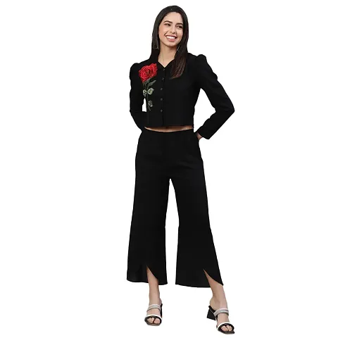 Akimia Women Solid Black Rose Patched Shirt Style top with Slit Trouser Cotton co-ord Set