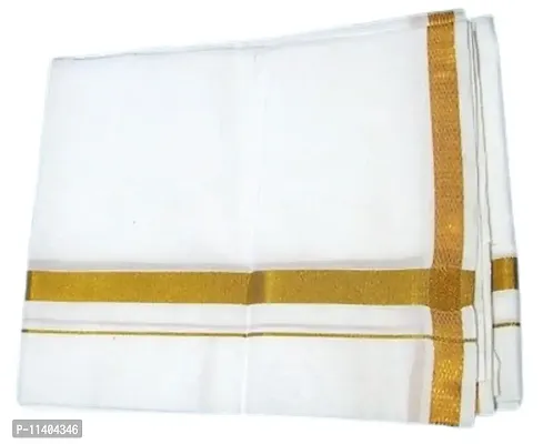 ImegaZ Traditional Mens Cotton Dhoti with gold border White Color 2 Metres Pack of 2.-thumb3