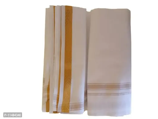 ImegaZ Traditional Mens Cotton Dhoti with gold border White Color 2 Metres Pack of 2.-thumb0