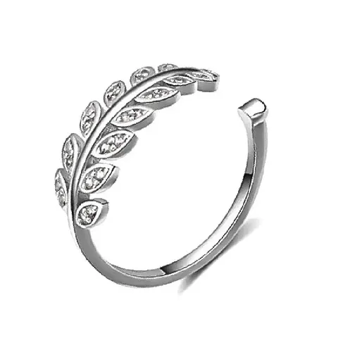 Platinum Plated Elegant Austrian Crystal Adjustable Leaf Ring for Women and Girls Silver