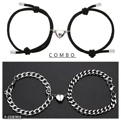 COMBO OF 2 2Pcs Loving Magnet Bracelet Stainless Steel Heart shaped Romentic Love Couples Friedship promise 2 in 1 duo Wrist Band Bracelet Attractive Valentine's Gift for Men and Women