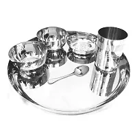 Omkar Enterprises High-Grade Stainless Steel Dinner Lunch Thali Bhojan Set of 6 Pieces (Silver, Dinner Plate, Halwa Plate, 2 Katori Bowl, Glass, Spoon)-thumb2