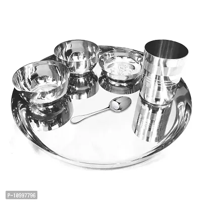 Omkar Enterprises High-Grade Stainless Steel Dinner Lunch Thali Bhojan Set of 6 Pieces (Silver, Dinner Plate, Halwa Plate, 2 Katori Bowl, Glass, Spoon)-thumb3