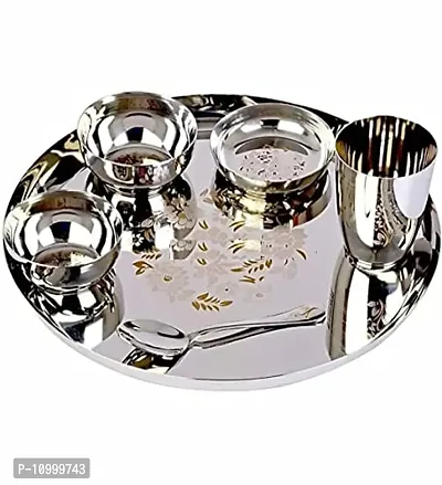 Omkar Enterprises Stainless Steel Dinner Lunch Thali Set with Beautiful Design 6 Pieces (Dinner Plate, Halwa Plate, 2 Katori (Bowl), Glass, Spoon)