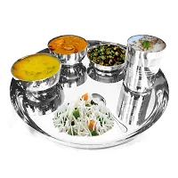 Omkar Enterprises High-Grade Stainless Steel Dinner Lunch Thali Bhojan Set of 6 Pieces (Silver, Dinner Plate, Halwa Plate, 2 Katori Bowl, Glass, Spoon)-thumb1